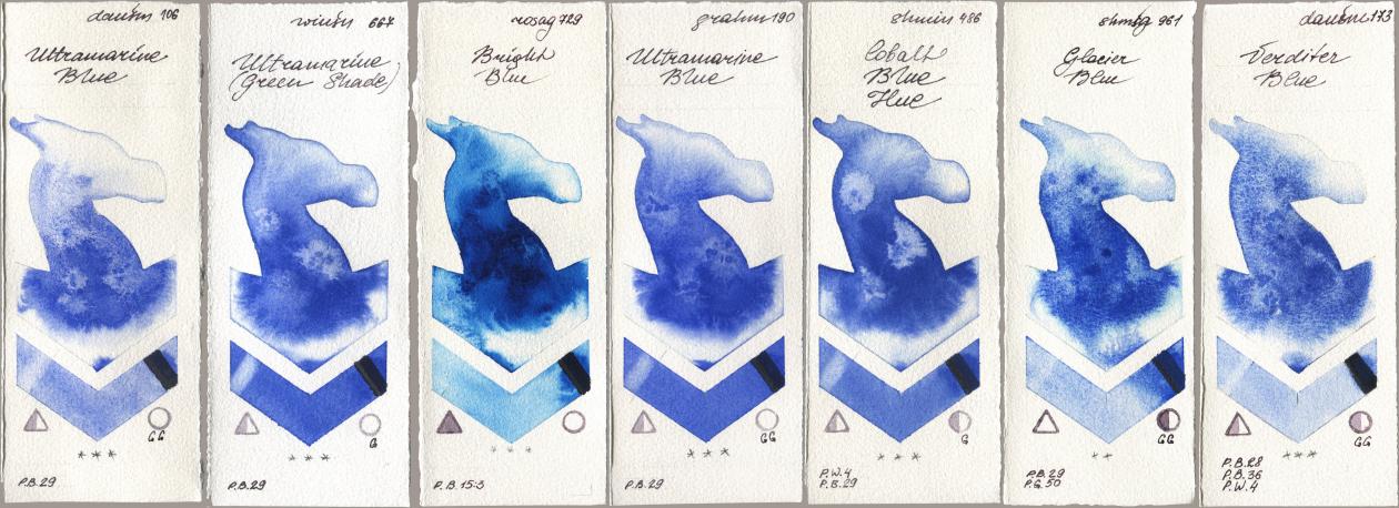 Daniel Smith 106 Ultramarine Blue, Winsor & Newton Professional 667 Ultramarine (Green Shade), Rosa Gallery 729 Bright Blue, M. Graham & Co. Artists 190 Ultramarine Blue, Shminke Horadam Aquarell 486 Cobalt Blue Hue, 961 Glacier Blue, 173 Verditer Bl watercolor swatch