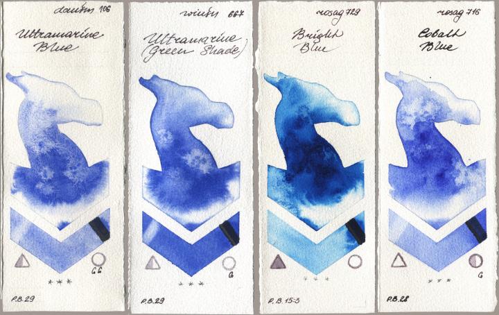 Daniel Smith 106 Ultramarine Blue, Winsor & Newton Professional 667 Ultramarine (Green Shade), Rosa Gallery 729 Bright Blue, 716 Cobalt Bl watercolor swatch