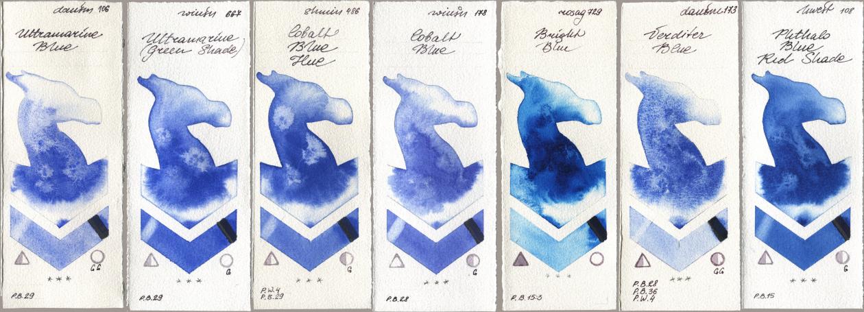 Daniel Smith 106 Ultramarine Blue, Winsor & Newton Professional 667 Ultramarine (Green Shade), Shminke Horadam Aquarell 486 Cobalt Blue Hue, 178 Cobalt Blue, Rosa Gallery 729 Bright Blue, 173 Verditer Blue, Holbein Artists Watercolor 108 Phthalo Blue Red Sha watercolor swatch