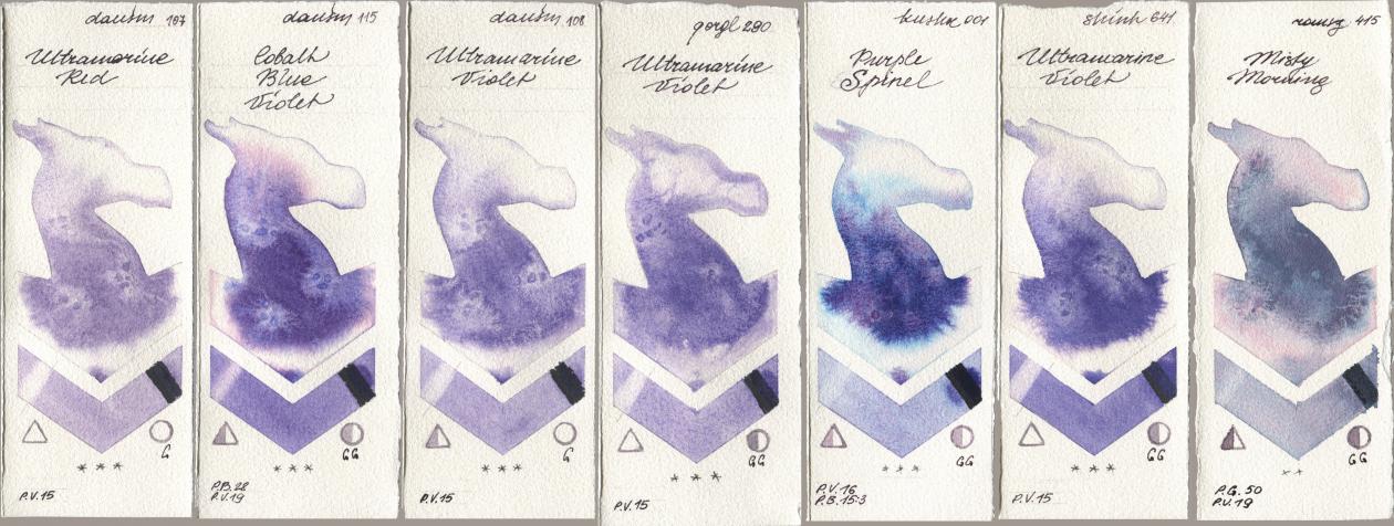Daniel Smith 107 Ultramarine Red, 115 Cobalt Blue Violet, 108 Ultramarine Violet, Golden QOR 290 Ultramarine Violet, Kusakabe 001 Purple Spinel, Shinhan PWC 641 Ultramarine Violet, Roman Szmal Aquarius 415 Misty Morni watercolor swatch