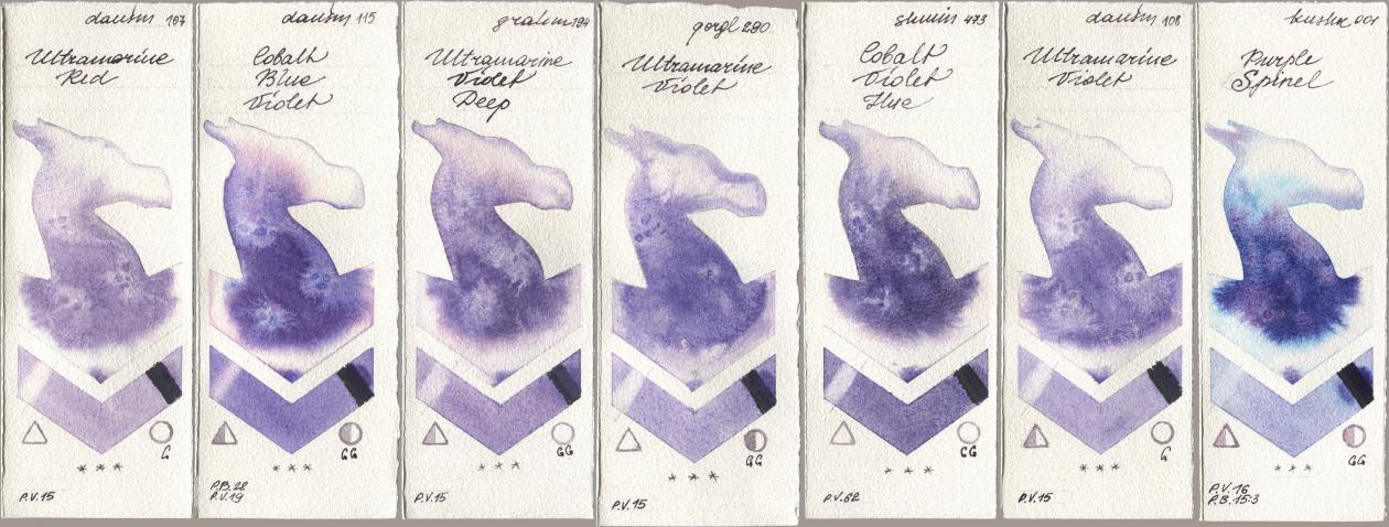 Daniel Smith 107 Ultramarine Red, 115 Cobalt Blue Violet, M. Graham & Co. Artists 194 Ultramarine Violet Deep, Golden QOR 290 Ultramarine Violet, Shminke Horadam Aquarell 473 Cobalt Violet Hue, 108 Ultramarine Violet, Kusakabe 001 Purple Spin watercolor swatch