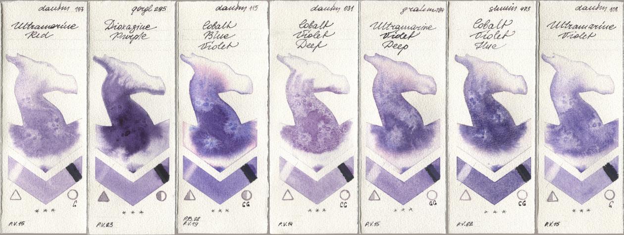 Daniel Smith 107 Ultramarine Red, Golden QOR 295 Dioxazine Purple, 115 Cobalt Blue Violet, 031 Cobalt Violet Deep, M. Graham & Co. Artists 194 Ultramarine Violet Deep, Shminke Horadam Aquarell 473 Cobalt Violet Hue, 108 Ultramarine Viol watercolor swatch
