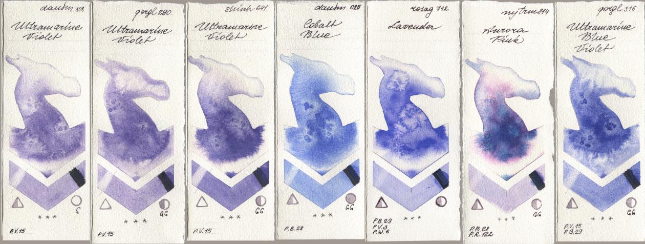 Daniel Smith 108 Ultramarine Violet, Golden QOR 290 Ultramarine Violet, Shinhan PWC 641 Ultramarine Violet, 025 Cobalt Blue, Rosa Gallery 742 Lavender, Mijello Mission Gold 814 Aurora Pink, 316 Ultramarine Blue Viol watercolor swatch