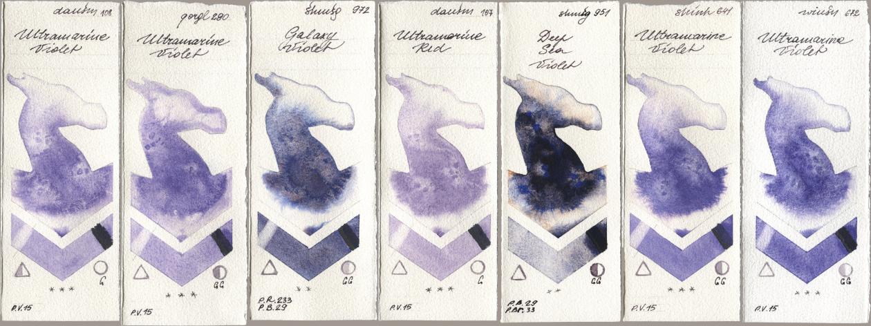 Daniel Smith 108 Ultramarine Violet, Golden QOR 290 Ultramarine Violet, Shminke Horadam Aquarell 972 Galaxy Violet, 107 Ultramarine Red, 951 Deep Sea Violet, Shinhan PWC 641 Ultramarine Violet, Winsor & Newton Professional 672 Ultramarine Viol watercolor swatch