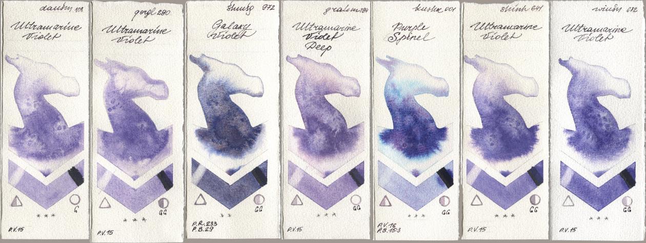 Daniel Smith 108 Ultramarine Violet, Golden QOR 290 Ultramarine Violet, Shminke Horadam Aquarell 972 Galaxy Violet, M. Graham & Co. Artists 194 Ultramarine Violet Deep, Kusakabe 001 Purple Spinel, Shinhan PWC 641 Ultramarine Violet, Winsor & Newton Professional 672 Ultramarine Viol watercolor swatch