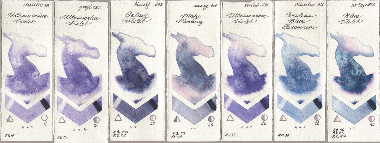 Daniel Smith 108 Ultramarine Violet, Golden QOR 290 Ultramarine Violet, Shminke Horadam Aquarell 972 Galaxy Violet, Roman Szmal Aquarius 415 Misty Morning, Shinhan PWC 641 Ultramarine Violet, 021 Cerulean Blue Chromium, SuperVision 742 Blue Viol watercolor swatch