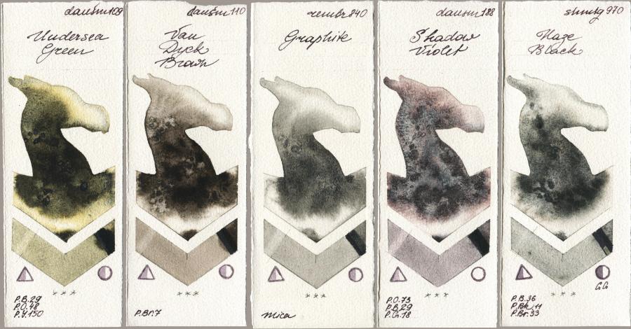Daniel Smith 109 Undersea Green vs 110 Van Dyck Brown vs Royal Talens Rembrandt Watercolour 840 Graphite vs 188 Shadow Violet vs Shminke Horadam Aquarell 970 Haze Black watercolor swatch