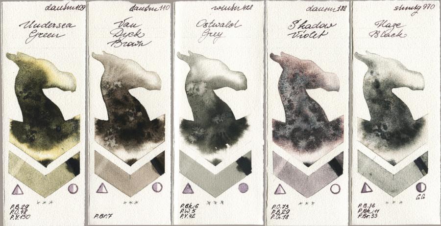Daniel Smith 109 Undersea Green vs 110 Van Dyck Brown vs Winsor & Newton Professional 428 Ostwald Grey vs 188 Shadow Violet vs Shminke Horadam Aquarell 970 Haze Black watercolor swatch