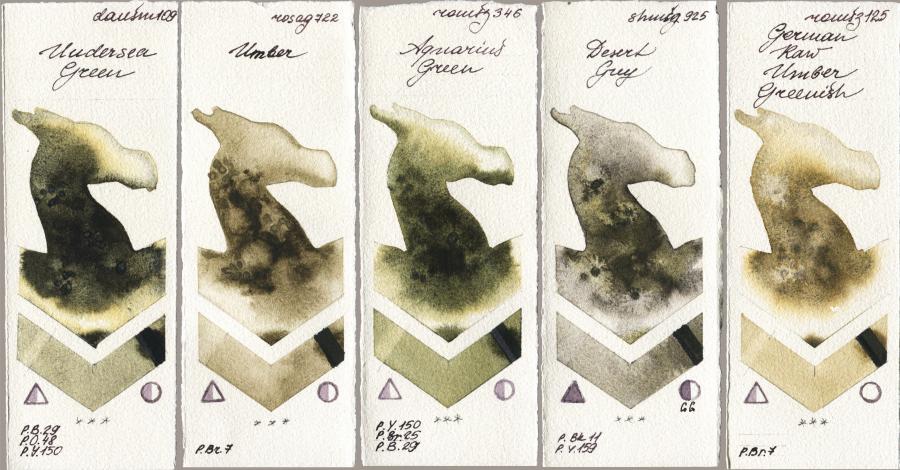 Daniel Smith 109 Undersea Green vs Rosa Gallery 722 Umber vs Roman Szmal Aquarius 346 Aquarius Green vs Shminke Horadam Aquarell 925 Desert Grey vs 125 German Raw Umber Greenish watercolor swatch