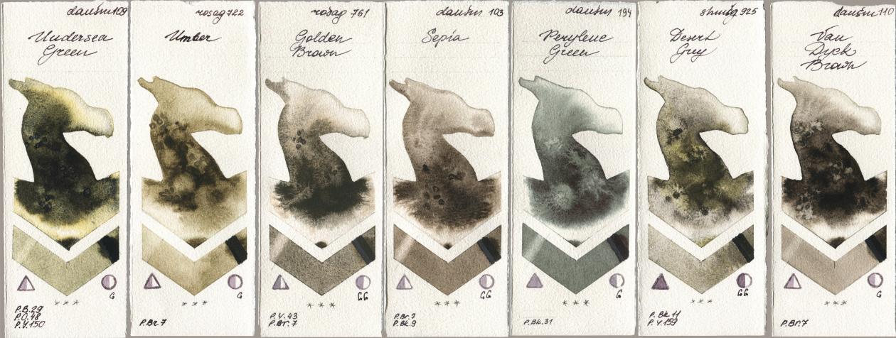 Daniel Smith 109 Undersea Green, Rosa Gallery 722 Umber, 761 Golden Brown, 103 Sepia, 194 Perylene Green, Shminke Horadam Aquarell 925 Desert Grey, 110 Van Dyck Bro watercolor swatch