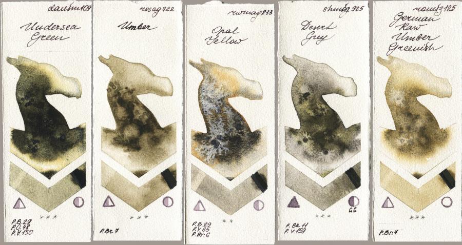 Daniel Smith 109 Undersea Green vs Rosa Gallery 722 Umber vs Rockwell 233 Opal Yellow vs Shminke Horadam Aquarell 925 Desert Grey vs Roman Szmal Aquarius 125 German Raw Umber Greenish watercolor swatch