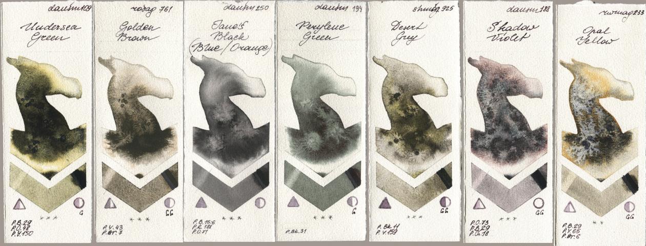 Daniel Smith 109 Undersea Green, Rosa Gallery 761 Golden Brown, 250 Janes Black (Blue/Orange), 194 Perylene Green, Shminke Horadam Aquarell 925 Desert Grey, 188 Shadow Violet, Rockwell 233 Opal Yell watercolor swatch