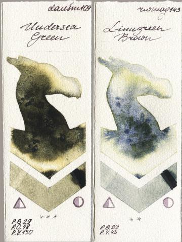 Daniel Smith 109 Undersea Green vs Rockwell 143 Limugreen Brown watercolor swatch