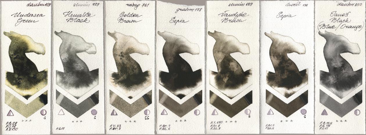 Daniel Smith 109 Undersea Green, Shminke Horadam Aquarell 789 Hematite Black, Rosa Gallery 761 Golden Brown, M. Graham & Co. Artists 178 Sepia, 669 Vandyke Brown, Holbein Artists Watercolor 136 Sepia, 250 Janes Black (Blue/Orang watercolor swatch