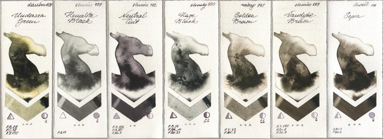 Daniel Smith 109 Undersea Green, Shminke Horadam Aquarell 789 Hematite Black, 782 Neutral Tint, 970 Haze Black, Rosa Gallery 761 Golden Brown, 669 Vandyke Brown, Holbein Artists Watercolor 136 Sep watercolor swatch