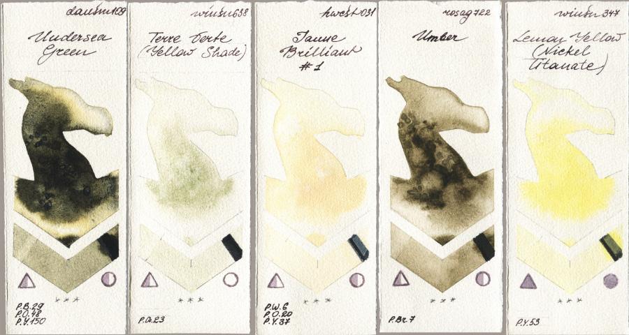 Daniel Smith 109 Undersea Green vs Winsor & Newton Professional 638 Terre Verte (Yellow Shade) vs Holbein Artists Watercolor 031 Jaune Brilliant No 1 vs Rosa Gallery 722 Umber vs 347 Lemon Yellow (Nickel Titanate) watercolor swatch