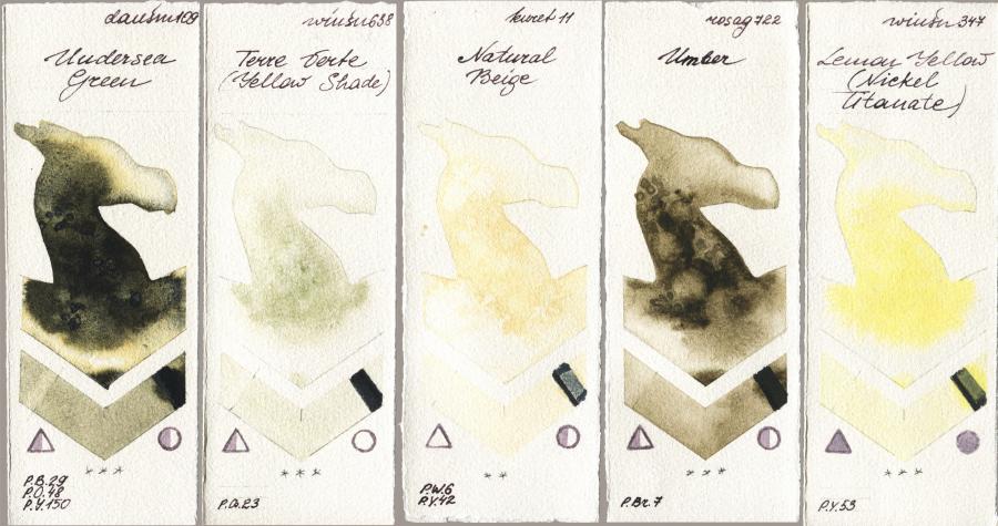 Daniel Smith 109 Undersea Green vs Winsor & Newton Professional 638 Terre Verte (Yellow Shade) vs Kuretake Gansai Tambi 011 Natural Beige vs Rosa Gallery 722 Umber vs 347 Lemon Yellow (Nickel Titanate) watercolor swatch