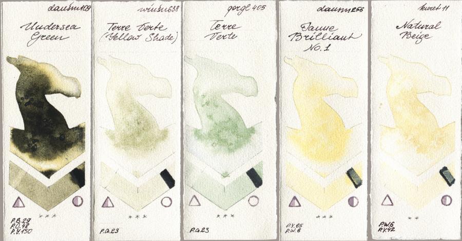 Daniel Smith 109 Undersea Green vs Winsor & Newton Professional 638 Terre Verte (Yellow Shade) vs Golden QOR 405 Terre Verte vs 256 Jaune Brilliant No 1 vs Kuretake Gansai Tambi 011 Natural Beige watercolor swatch