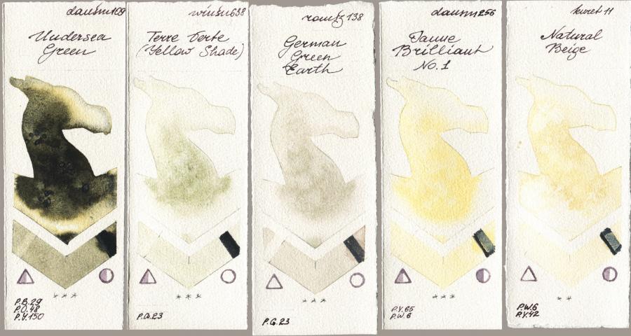 Daniel Smith 109 Undersea Green vs Winsor & Newton Professional 638 Terre Verte (Yellow Shade) vs Roman Szmal Aquarius 138 German Green Earth vs 256 Jaune Brilliant No 1 vs Kuretake Gansai Tambi 011 Natural Beige watercolor swatch