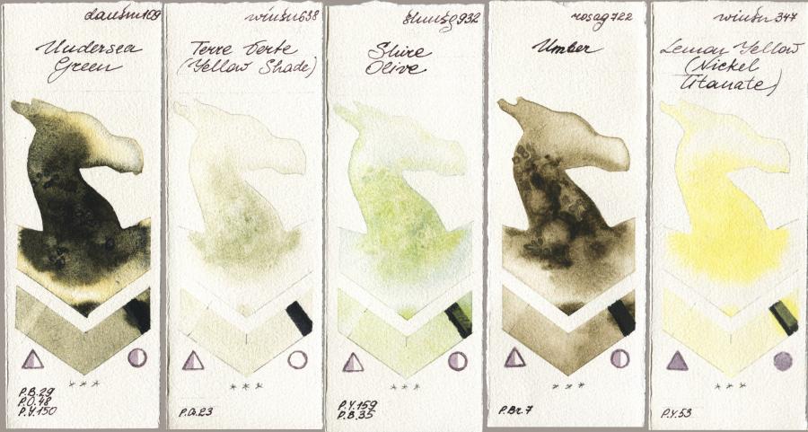Daniel Smith 109 Undersea Green vs Winsor & Newton Professional 638 Terre Verte (Yellow Shade) vs Shminke Horadam Aquarell 932 Shire Olive vs Rosa Gallery 722 Umber vs 347 Lemon Yellow (Nickel Titanate) watercolor swatch