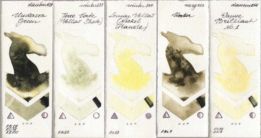 Daniel Smith 109 Undersea Green vs Winsor & Newton Professional 638 Terre Verte (Yellow Shade) vs 347 Lemon Yellow (Nickel Titanate) vs Rosa Gallery 722 Umber vs 256 Jaune Brilliant No 1 watercolor swatch