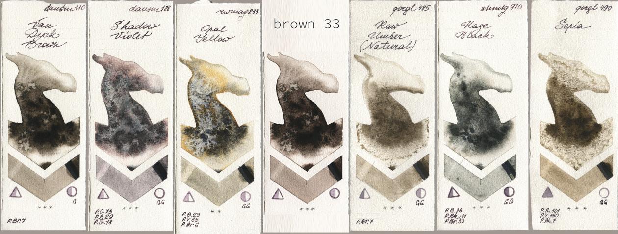 Daniel Smith 110 Van Dyck Brown, 188 Shadow Violet, Rockwell 233 Opal Yellow, my 033 brown33, Golden QOR 485 Raw Umber (Natural), Shminke Horadam Aquarell 970 Haze Black, 490 Sep watercolor swatch