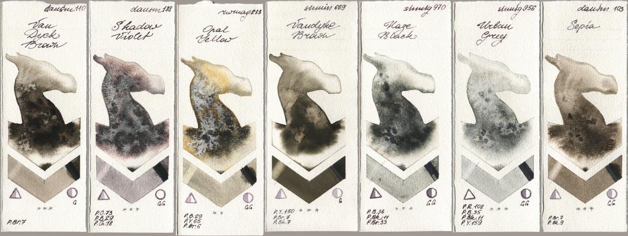 Daniel Smith 110 Van Dyck Brown, 188 Shadow Violet, Rockwell 233 Opal Yellow, Shminke Horadam Aquarell 669 Vandyke Brown, 970 Haze Black, 956 Urban Grey, 103 Sep watercolor swatch