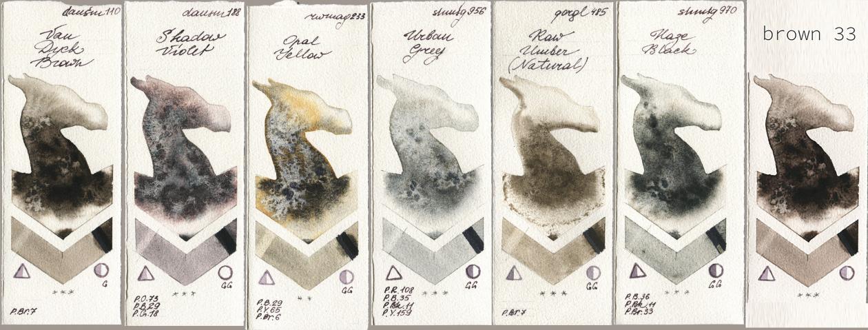 Daniel Smith 110 Van Dyck Brown, 188 Shadow Violet, Rockwell 233 Opal Yellow, Shminke Horadam Aquarell 956 Urban Grey, Golden QOR 485 Raw Umber (Natural), 970 Haze Black, my 033 brown watercolor swatch