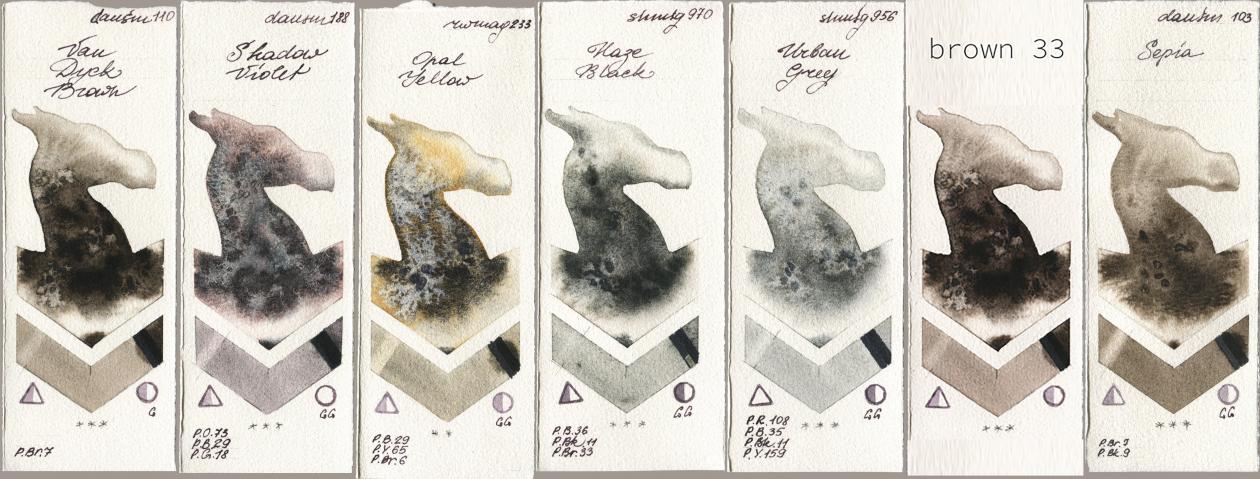 Daniel Smith 110 Van Dyck Brown, 188 Shadow Violet, Rockwell 233 Opal Yellow, Shminke Horadam Aquarell 970 Haze Black, 956 Urban Grey, my 033 brown33, 103 Sep watercolor swatch