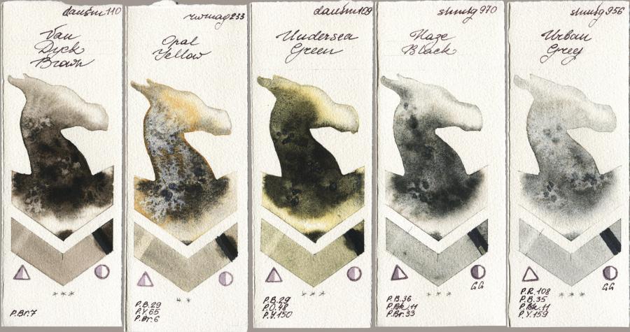 Daniel Smith 110 Van Dyck Brown vs Rockwell 233 Opal Yellow vs 109 Undersea Green vs Shminke Horadam Aquarell 970 Haze Black vs 956 Urban Grey watercolor swatch