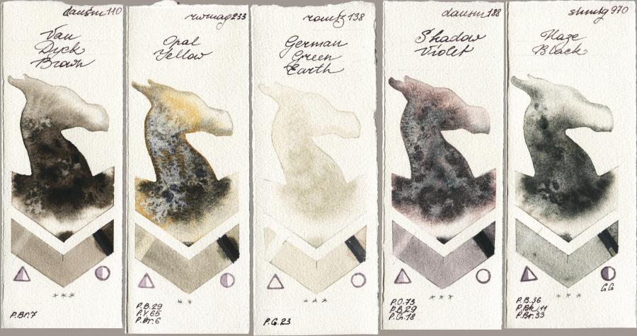 Daniel Smith 110 Van Dyck Brown vs Rockwell 233 Opal Yellow vs Roman Szmal Aquarius 138 German Green Earth vs 188 Shadow Violet vs Shminke Horadam Aquarell 970 Haze Black watercolor swatch