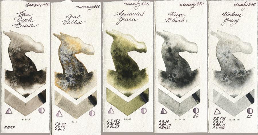 Daniel Smith 110 Van Dyck Brown vs Rockwell 233 Opal Yellow vs Roman Szmal Aquarius 346 Aquarius Green vs Shminke Horadam Aquarell 970 Haze Black vs 956 Urban Grey watercolor swatch