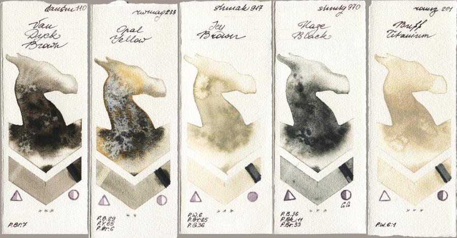 Daniel Smith 110 Van Dyck Brown vs Rockwell 233 Opal Yellow vs Shminke Akademie Aquarell 917 Icy Brown vs Shminke Horadam Aquarell 970 Haze Black vs Roman Szmal Aquarius 201 Buff Titanium watercolor swatch