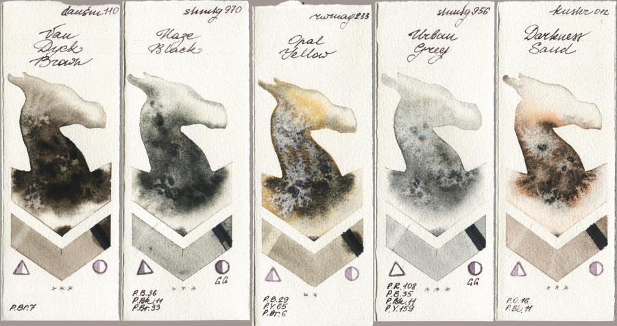 Daniel Smith 110 Van Dyck Brown vs Shminke Horadam Aquarell 970 Haze Black vs Rockwell 233 Opal Yellow vs 956 Urban Grey vs Kusakabe 012 Darkness Sand watercolor swatch