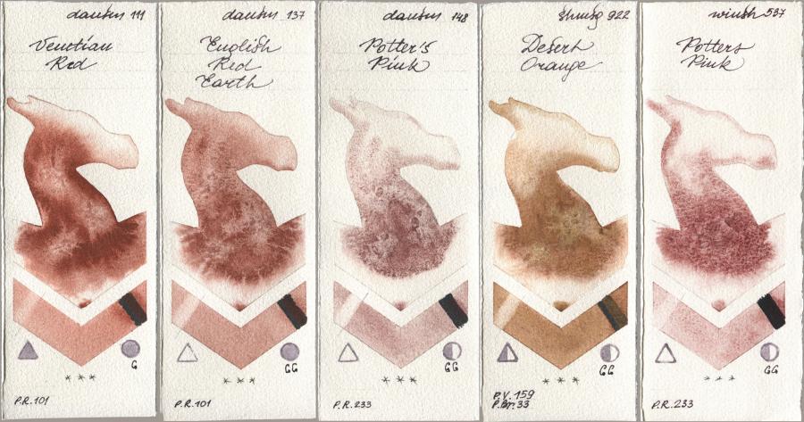 Daniel Smith 111 Venetian Red, 137 English Red Earth, 148 Potters Pink, Shminke Horadam Aquarell 922 Desert Orange, Winsor & Newton Professional 537 Potters Pi watercolor swatch
