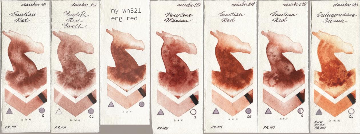Daniel Smith 111 Venetian Red, 137 English Red Earth, my 034 eng red, Winsor & Newton Professional 507 Perylene Maroon, 678 Venetian Red, Royal Talens Rembrandt Watercolour 349 Venerian Red, 093 Quinacridone Sien watercolor swatch