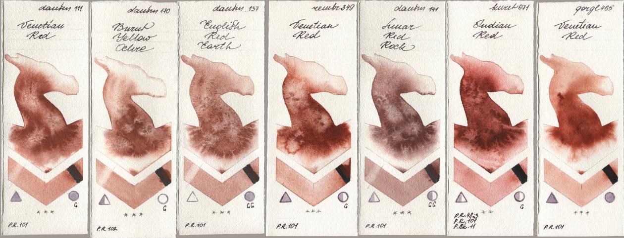 Daniel Smith 111 Venetian Red, 170 Burnt Yellow Ochre, 137 English Red Earth, Royal Talens Rembrandt Watercolour 349 Venerian Red, 141 Lunar Red Rock, Kuretake Gansai Tambi 071 Indian Red, Golden QOR 465 Venetian R watercolor swatch