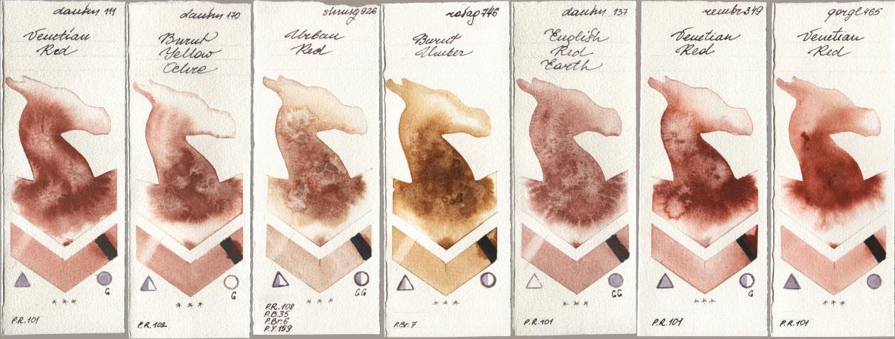 Daniel Smith 111 Venetian Red, 170 Burnt Yellow Ochre, Shminke Horadam Aquarell 926 Urban Red, Rosa Gallery 746 Burnt Umber, 137 English Red Earth, Royal Talens Rembrandt Watercolour 349 Venerian Red, Golden QOR 465 Venetian R watercolor swatch