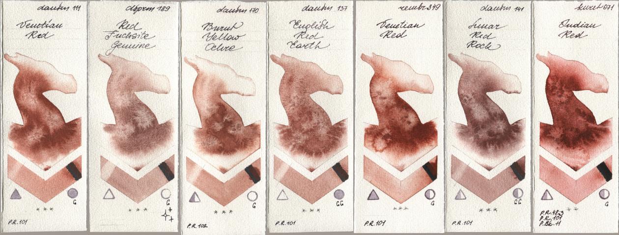 Daniel Smith 111 Venetian Red, 189 Red Fuchsite Genuine, 170 Burnt Yellow Ochre, 137 English Red Earth, Royal Talens Rembrandt Watercolour 349 Venerian Red, 141 Lunar Red Rock, Kuretake Gansai Tambi 071 Indian R watercolor swatch