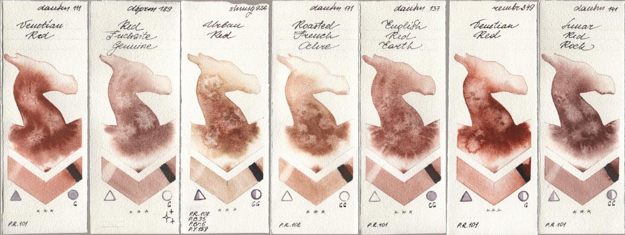 Daniel Smith 111 Venetian Red, 189 Red Fuchsite Genuine, Shminke Horadam Aquarell 926 Urban Red, 171 Roasted French Ochre, 137 English Red Earth, Royal Talens Rembrandt Watercolour 349 Venerian Red, 141 Lunar Red Ro watercolor swatch