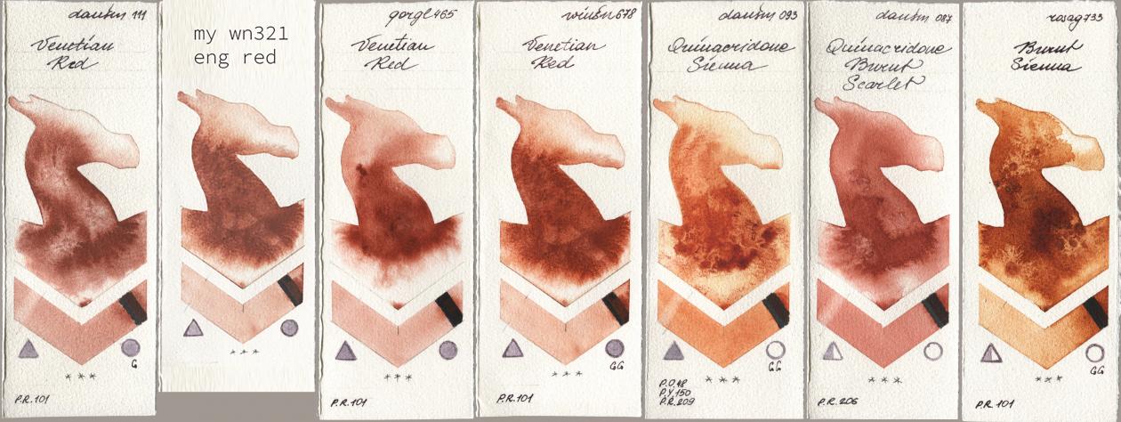 Daniel Smith 111 Venetian Red, my 034 eng red, Golden QOR 465 Venetian Red, Winsor & Newton Professional 678 Venetian Red, 093 Quinacridone Sienna, 087 Quinacridone Burnt Scarlet, Rosa Gallery 733 Burnt Sien watercolor swatch