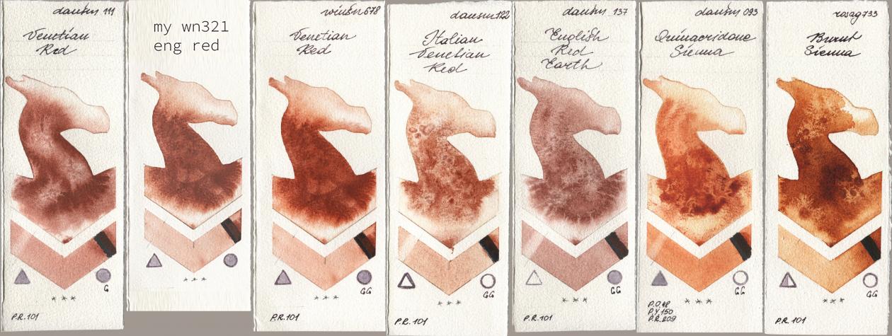 Daniel Smith 111 Venetian Red, my 034 eng red, Winsor & Newton Professional 678 Venetian Red, 122 Italian Venetian Red, 137 English Red Earth, 093 Quinacridone Sienna, Rosa Gallery 733 Burnt Sien watercolor swatch