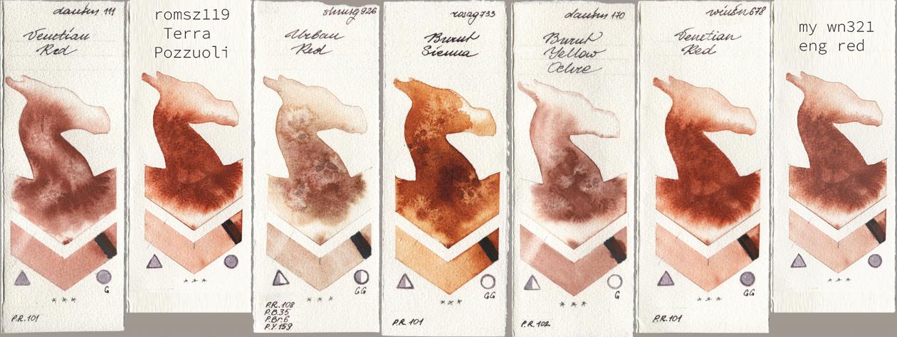 Daniel Smith 111 Venetian Red, my 119 pozzuoli, Shminke Horadam Aquarell 926 Urban Red, Rosa Gallery 733 Burnt Sienna, 170 Burnt Yellow Ochre, Winsor & Newton Professional 678 Venetian Red, 034 eng r watercolor swatch