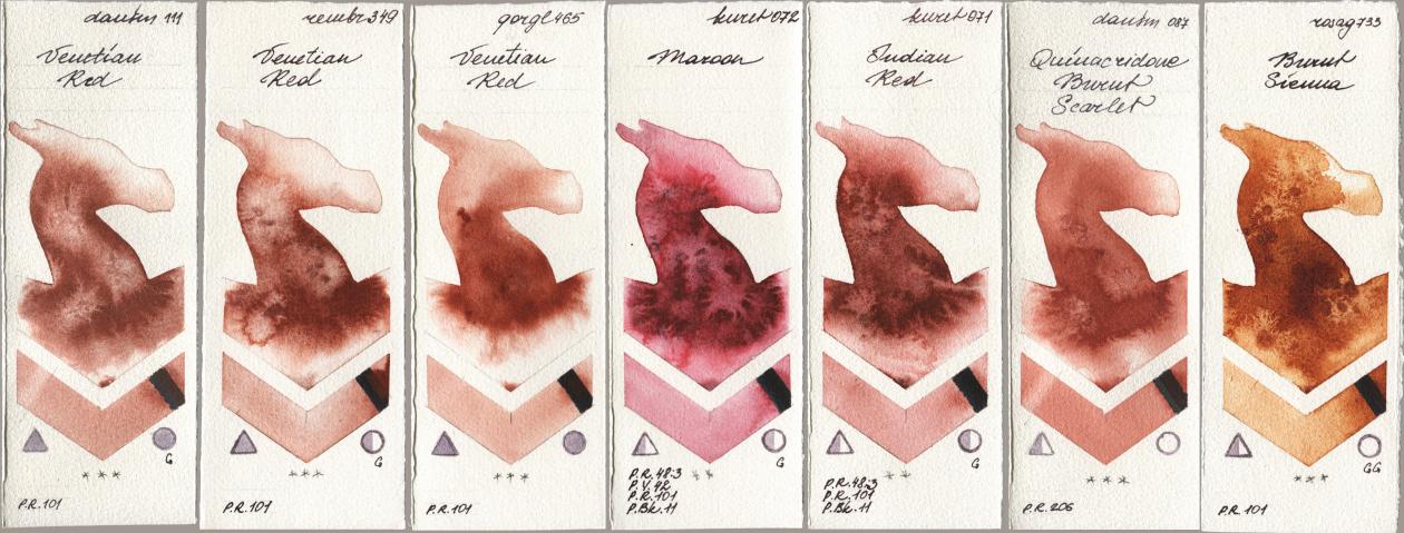 Daniel Smith 111 Venetian Red, Royal Talens Rembrandt Watercolour 349 Venerian Red, Golden QOR 465 Venetian Red, Kuretake Gansai Tambi 072 Maroon, 071 Indian Red, 087 Quinacridone Burnt Scarlet, Rosa Gallery 733 Burnt Sien watercolor swatch
