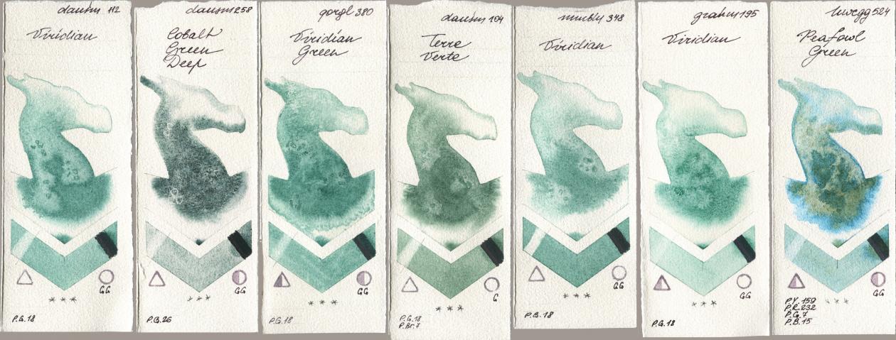 Daniel Smith 112 Viridian, 258 Cobalt Green Deep, Golden QOR 380 Viridian Green, 104 Terre Verte, Maimeri Blu 348 Viridian, M. Graham & Co. Artists 195 Viridian, Holbein Artists Watercolor 524 Peafowl Gre watercolor swatch