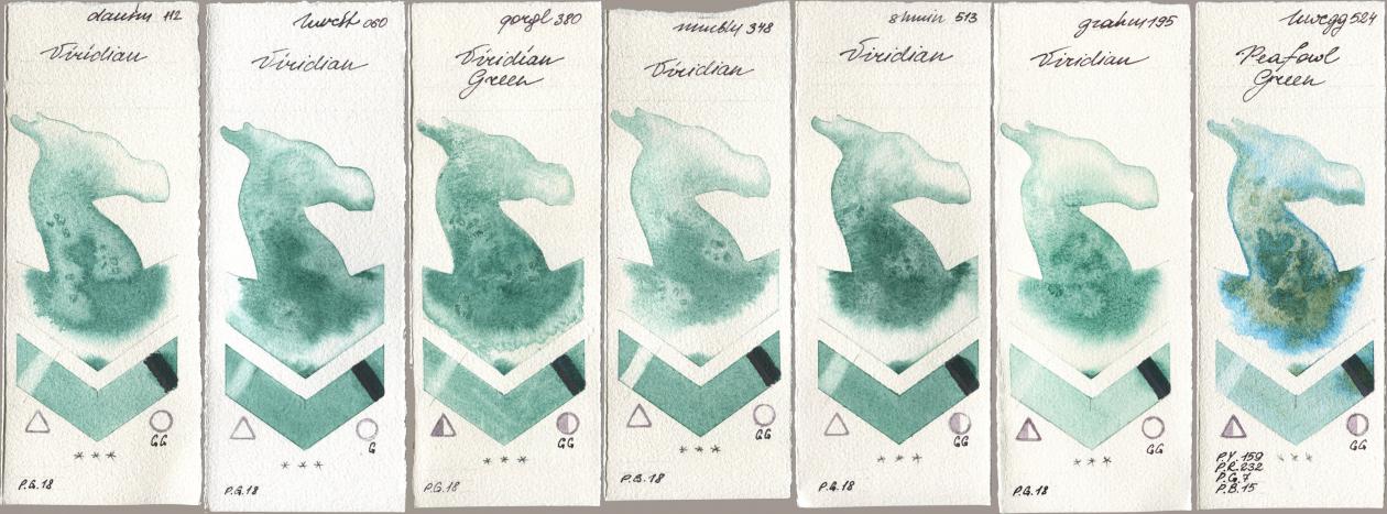 Daniel Smith 112 Viridian, Holbein Artists Watercolor 060 Viridian, Golden QOR 380 Viridian Green, Maimeri Blu 348 Viridian, Shminke Horadam Aquarell 513 Viridian, M. Graham & Co. Artists 195 Viridian, 524 Peafowl Gre watercolor swatch