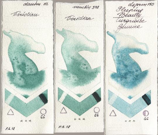 Daniel Smith 112 Viridian, Maimeri Blu 348 Viridian, 150 Sleeping Beauty Turquoise Genui watercolor swatch