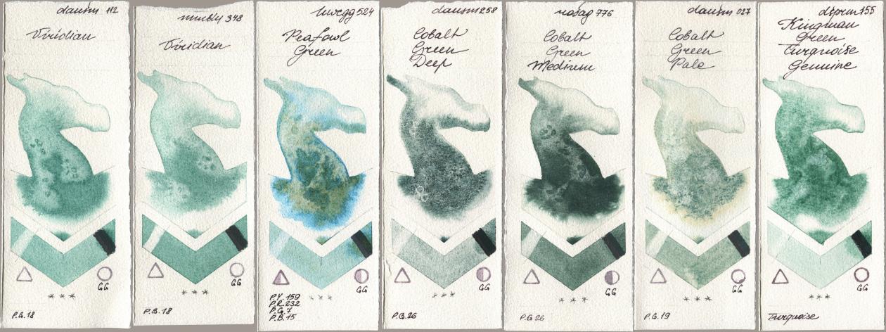 Daniel Smith 112 Viridian, Maimeri Blu 348 Viridian, Holbein Artists Watercolor 524 Peafowl Green, 258 Cobalt Green Deep, Rosa Gallery 776 Cobalt Green Medium, 027 Cobalt Green Pale, 155 Kingman Green Turquoise Genui watercolor swatch