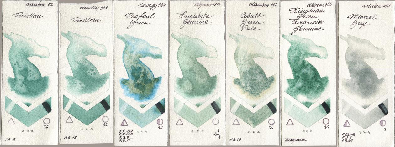 Daniel Smith 112 Viridian, Maimeri Blu 348 Viridian, Holbein Artists Watercolor 524 Peafowl Green, 169 Fuchsite Genuine, 027 Cobalt Green Pale, 155 Kingman Green Turquoise Genuine, Winsor & Newton Professional 427 Mineral Gr watercolor swatch