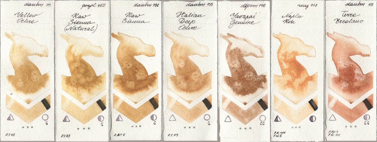 Daniel Smith 114 Yellow Ochre, Golden QOR 450 Raw Sienna (Natural), 096 Raw Sienna, 135 Italian Deep Ochre, 146 Yavapai Genuine, Rosa Gallery 748 Naples Rose, 117 Terre Ercola watercolor swatch